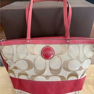 Coach Red and Tan Signature Tote